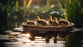 A group of ducklings peacefully floating in a woven basket on a serene pond at sunset. photo