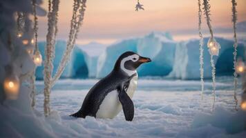 A penguin stands on icy terrain, surrounded by icebergs and festive lights at sunset. photo