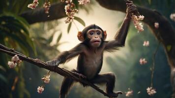 A young monkey hangs from a branch surrounded by blooming flowers in a lush environment. photo