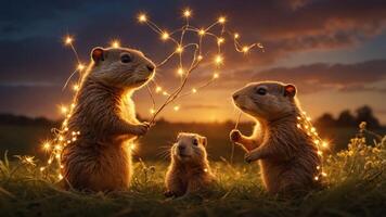 Three adorable rodents play with glowing twigs at sunset in a serene field. photo