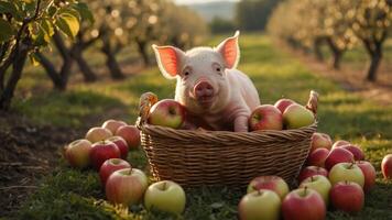 A pig sits in a basket surrounded by apples in a sunny orchard. photo
