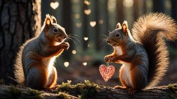 Two squirrels sharing a heart-shaped ornament in a whimsical forest setting. photo