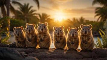 Six quokkas posing together at sunset by a tropical setting. photo
