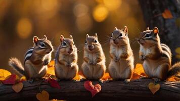 Five chipmunks sitting on a log amidst autumn leaves, enjoying a serene moment. photo