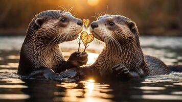 Two otters share a heart-shaped object in a serene water setting during sunset. photo