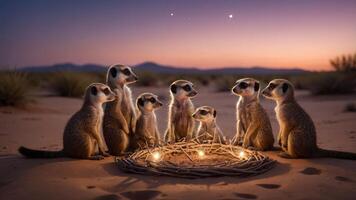 A group of meerkats gathered around a nest of twigs with lights at sunset in a desert. photo