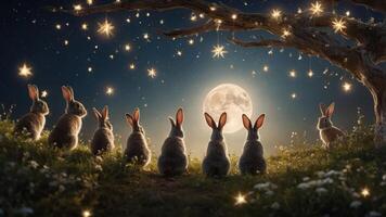 A serene scene of rabbits gazing at a full moon under a starry sky. photo