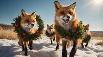 A group of foxes adorned with festive wreaths in a snowy landscape. photo