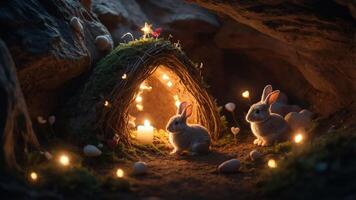 A whimsical scene featuring two rabbits near a cozy, illuminated nest in a cave. photo