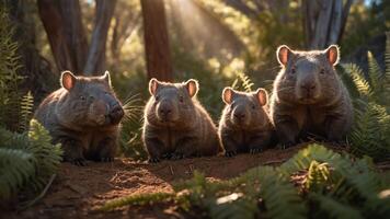 Four adorable wombats posed in a forest setting, illuminated by soft sunlight. photo