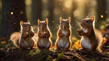 Four squirrels holding nuts in a sunlit forest setting. photo
