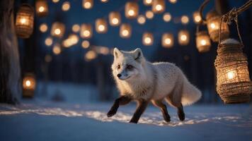 A fox runs through a snowy landscape illuminated by glowing lanterns. photo