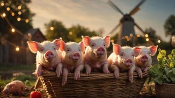 A charming scene of piglets resting in a basket with a rustic backdrop and warm lighting. photo