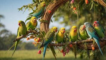 A vibrant group of colorful parrots perched on a decorative branch surrounded by flowers. photo