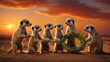 A group of meerkats working together to create a wreath at sunset. photo