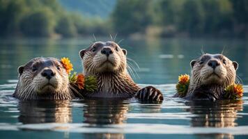 Three otters swimming with flowers around their necks in a serene water setting. photo