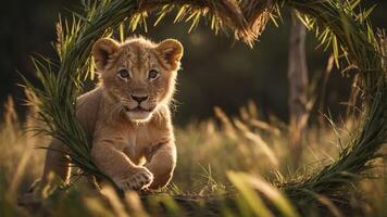 A playful lion cub framed by grass, showcasing its curiosity in a natural setting. photo