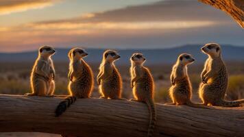 A group of meerkats standing on a log during sunset, showcasing their social behavior. photo
