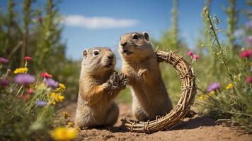 Two playful prairie dogs interact near a circular twig structure in a vibrant flower field. photo