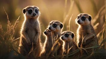 A group of meerkats standing together in a natural setting during golden hour. photo
