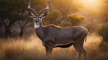 A majestic kudu stands in golden light, showcasing its impressive antlers and stripes. photo