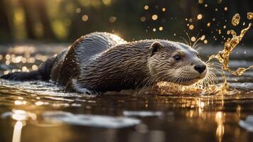 An otter splashes through water, creating a dynamic scene with sunlight reflecting off droplets. photo