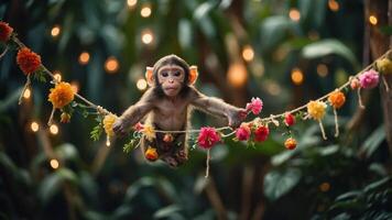A playful monkey hangs on a floral garland amidst a lush, vibrant background. photo