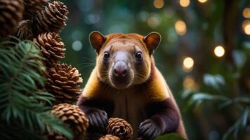 A close-up of a tree kangaroo among pine cones and greenery, illuminated by soft lights. photo