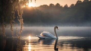A serene swan glides through misty water at sunrise, creating a tranquil atmosphere. photo