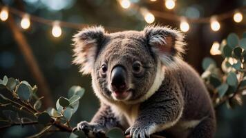 A close-up of a koala on a branch, illuminated by soft, warm lights in a natural setting. photo