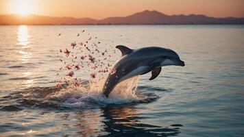 A dolphin leaps joyfully from the water at sunset, creating a splash in a serene environment. photo