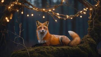 A serene fox rests on a mossy log adorned with fairy lights in a mystical forest setting. photo