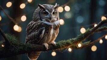 An owl perched on a branch with glowing lights in a forest setting. photo