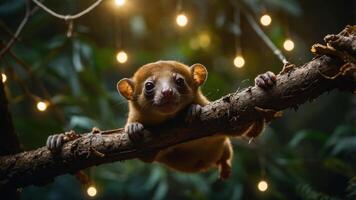 A cute animal clings to a branch adorned with soft glowing lights in a lush environment. photo
