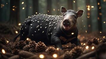A playful tapir surrounded by pine cones and soft lighting in a serene forest setting. photo