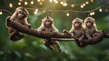 Four monkeys sitting on a branch adorned with lights in a lush green setting. photo
