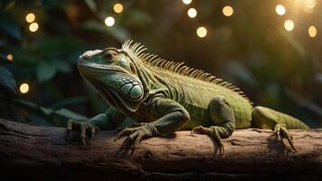 A vibrant green iguana perched on a branch with soft bokeh lights in the background. photo