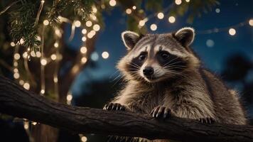 A raccoon perched on a branch, surrounded by twinkling lights in a serene evening setting. photo