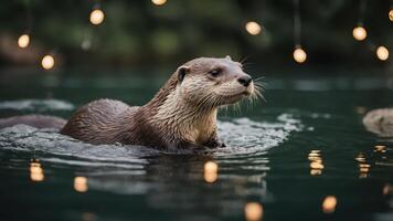 An otter swimming in a serene water setting, illuminated by soft glowing lights. photo