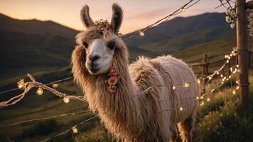 A charming llama adorned with flowers stands near a fence with lights at sunset. photo