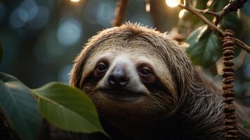 A close-up of a sloth resting among leaves, showcasing its calm expression in a natural habitat. photo