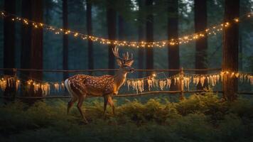 A serene forest scene featuring a deer surrounded by glowing string lights. photo