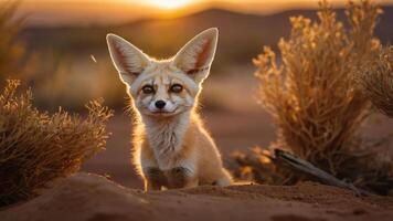 A fennec fox with large ears sits in a desert landscape during sunset. photo