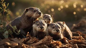 A group of playful otters gathered in a natural setting, showcasing their social behavior. photo