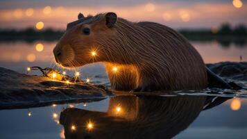 A capybara by the water, illuminated by sparkling lights at sunset. photo