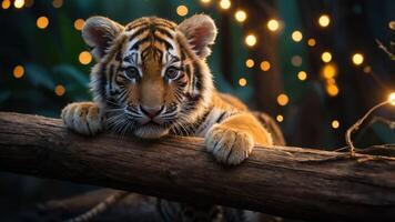 A close-up of a tiger cub resting on a log with soft glowing lights in the background. photo