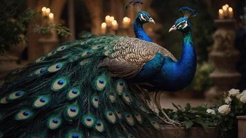 Two peacocks display their vibrant feathers in a serene, candlelit garden setting. photo