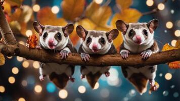 Three sugar gliders perched on a branch with a colorful autumn background and soft bokeh lights. photo