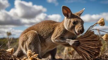 A kangaroo holding a bundle of grass in a natural setting under a blue sky. photo