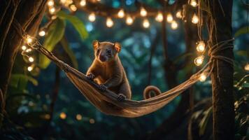 A cute monkey relaxing in a hammock surrounded by twinkling lights in a lush jungle setting. photo